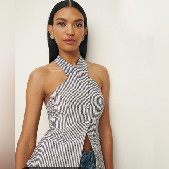 Reformation Tops - Reformation Tate Linen Halter Black and White Striped Top